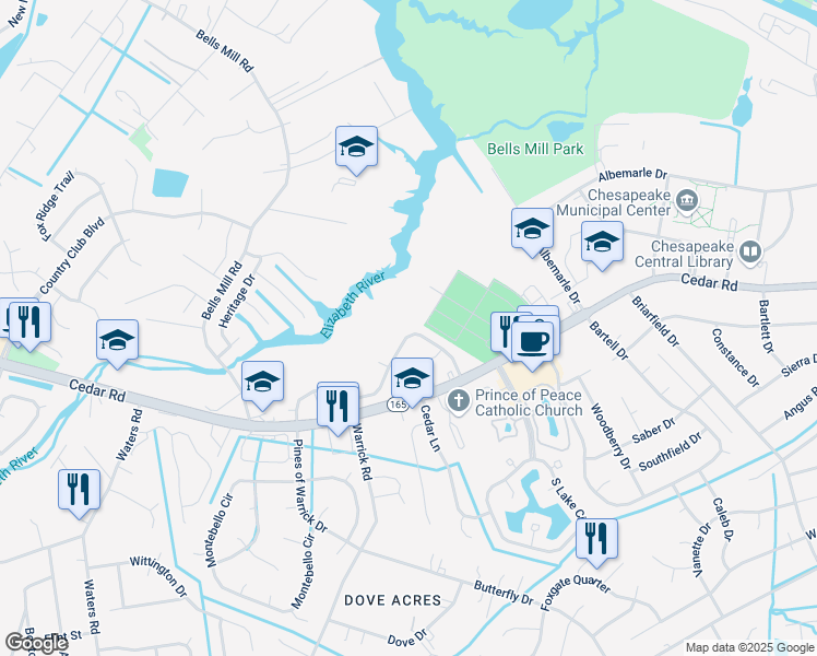 map of restaurants, bars, coffee shops, grocery stores, and more near 574 Mill Landing Road in Chesapeake