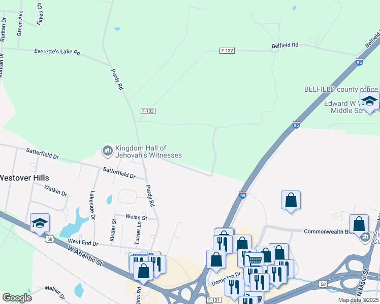 map of restaurants, bars, coffee shops, grocery stores, and more near 553 Purdy Road in Emporia