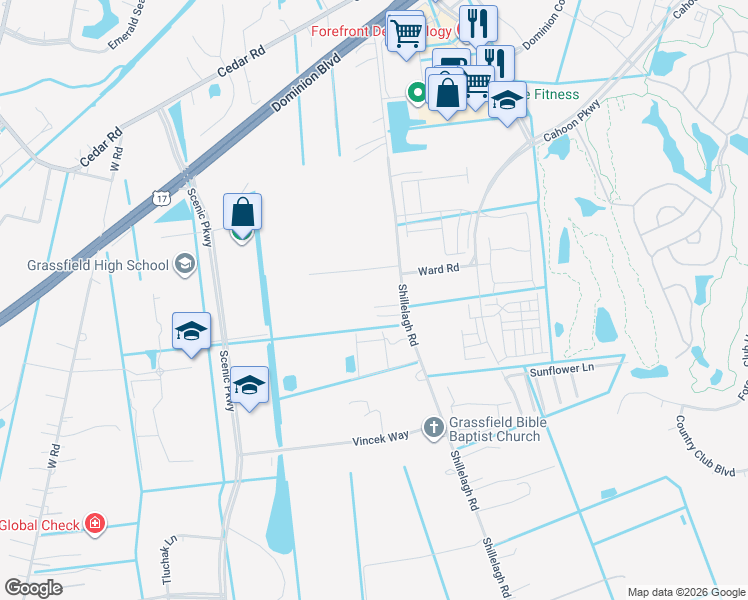 map of restaurants, bars, coffee shops, grocery stores, and more near 844 Shillelagh Road in Chesapeake