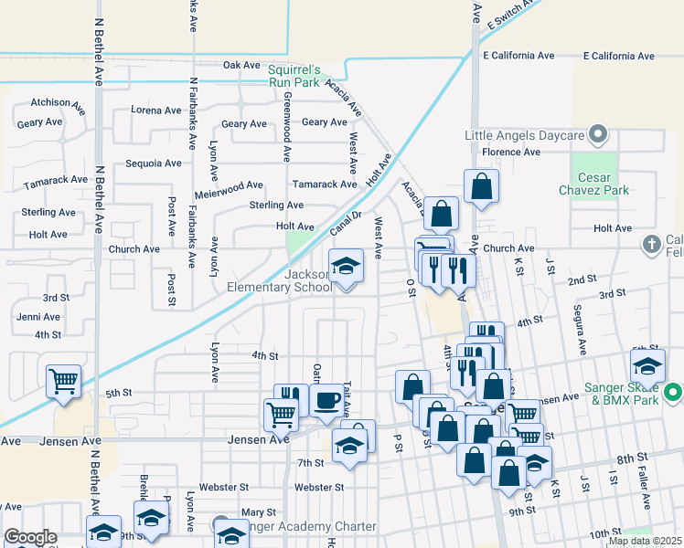 map of restaurants, bars, coffee shops, grocery stores, and more near 1810 3rd Street in Sanger