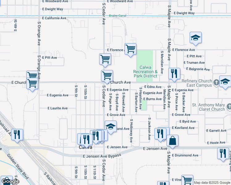 map of restaurants, bars, coffee shops, grocery stores, and more near 2428 South Boyd Avenue in Fresno