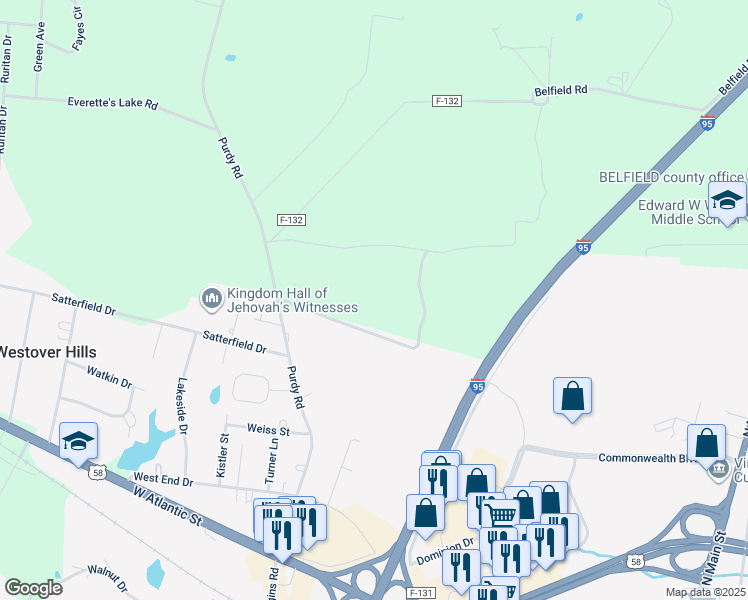 map of restaurants, bars, coffee shops, grocery stores, and more near 553 Purdy Road in Emporia