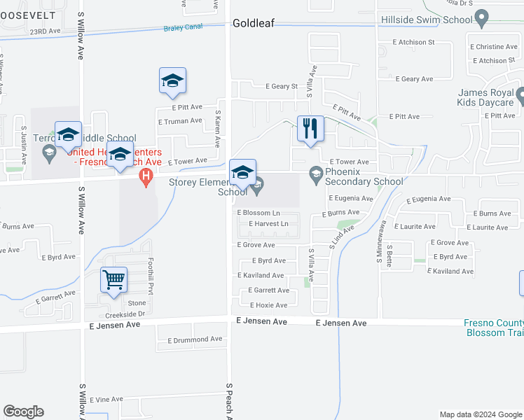 map of restaurants, bars, coffee shops, grocery stores, and more near 5245 East Blossom Lane in Fresno