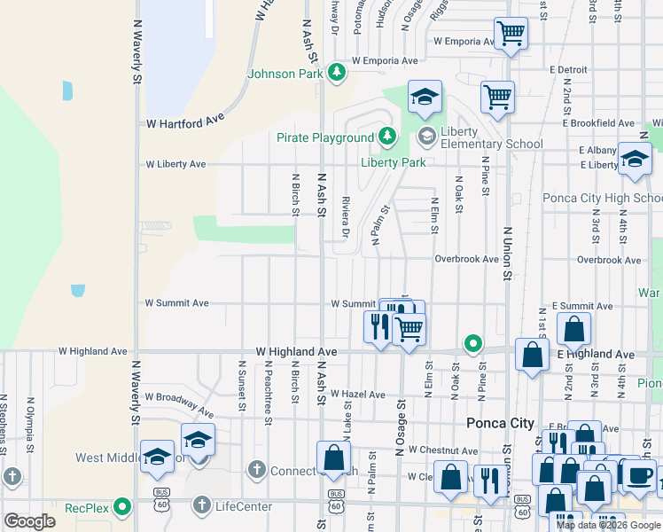 map of restaurants, bars, coffee shops, grocery stores, and more near 823 North Ash Street in Ponca City