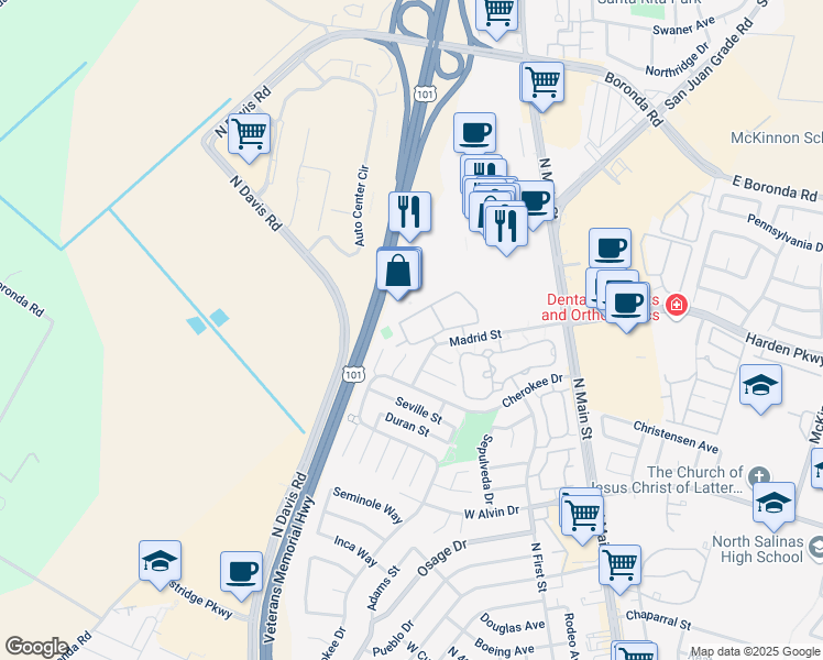 map of restaurants, bars, coffee shops, grocery stores, and more near 1640 Cuevas Circle in Salinas