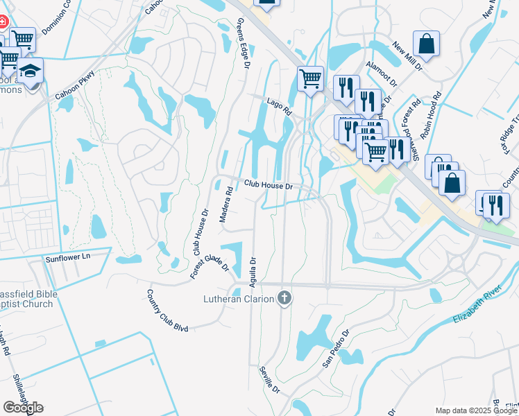 map of restaurants, bars, coffee shops, grocery stores, and more near 609 Aguila Drive in Chesapeake