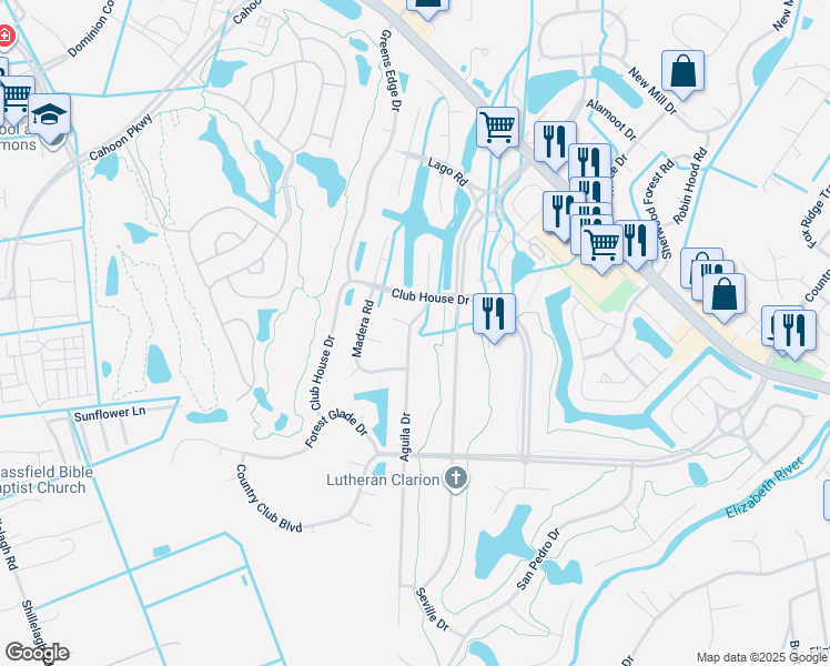 map of restaurants, bars, coffee shops, grocery stores, and more near 609 Aguila Drive in Chesapeake