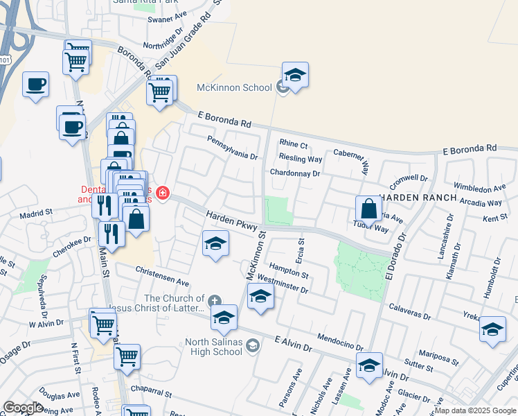 map of restaurants, bars, coffee shops, grocery stores, and more near 286 Clinton Court in Salinas