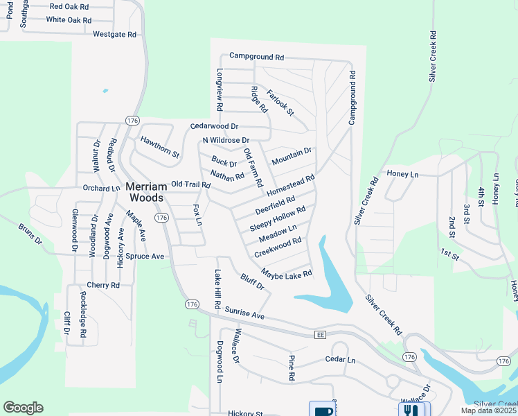 map of restaurants, bars, coffee shops, grocery stores, and more near 1006 Deerfield Road in Merriam Woods