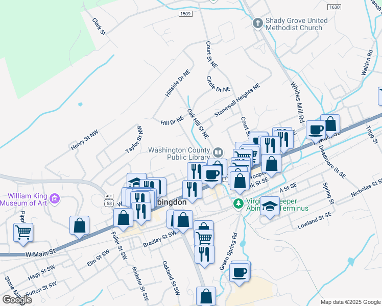 map of restaurants, bars, coffee shops, grocery stores, and more near 224 Mason Place Northwest in Abingdon