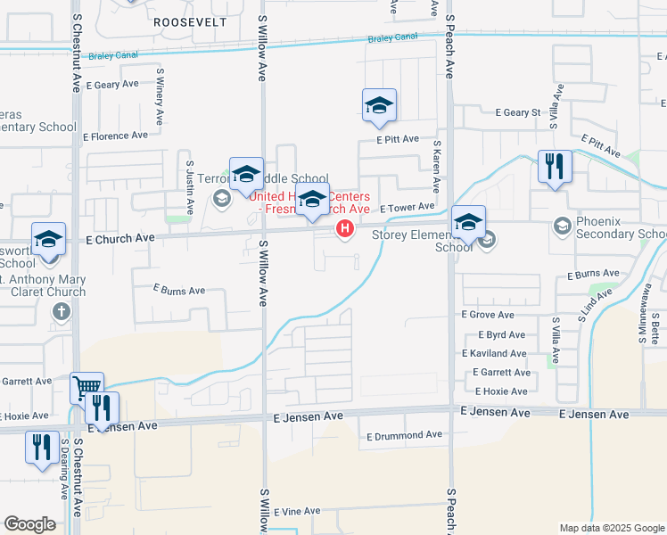 map of restaurants, bars, coffee shops, grocery stores, and more near 5090 East Church Avenue in Fresno