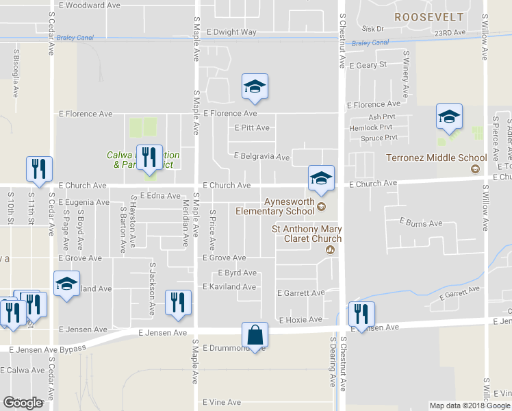map of restaurants, bars, coffee shops, grocery stores, and more near 2428 South Sierra Vista Avenue in Fresno