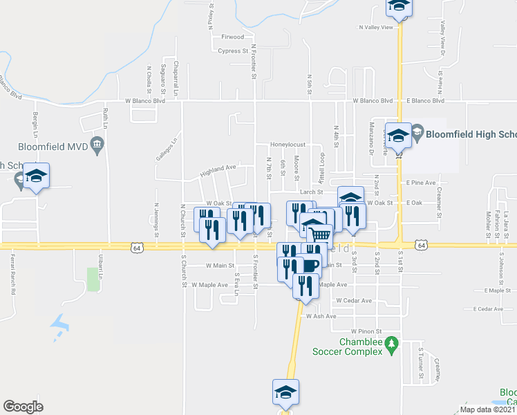 map of restaurants, bars, coffee shops, grocery stores, and more near 212 North Frontier Street in Bloomfield