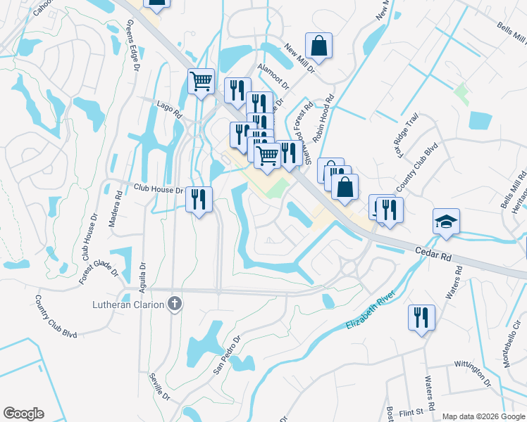 map of restaurants, bars, coffee shops, grocery stores, and more near 520 Cedar Commons in Chesapeake