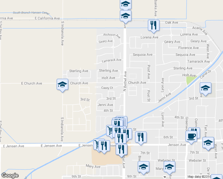 map of restaurants, bars, coffee shops, grocery stores, and more near 2727 Casty Court in Sanger