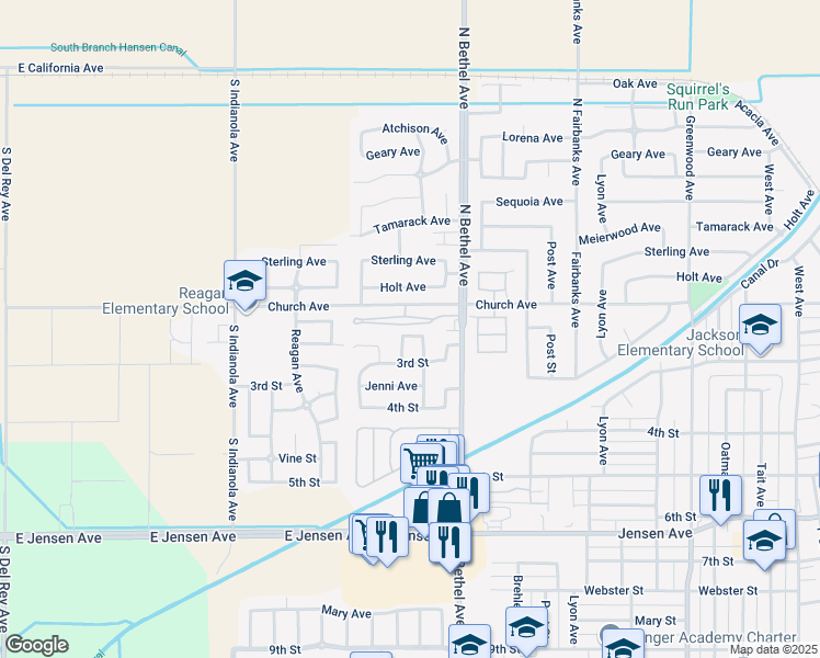 map of restaurants, bars, coffee shops, grocery stores, and more near 2737 Casty Court in Sanger