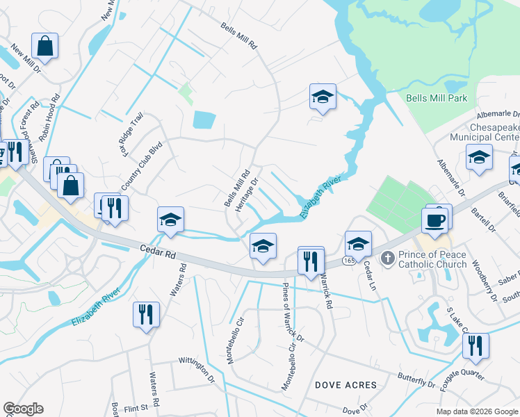 map of restaurants, bars, coffee shops, grocery stores, and more near 705 Seabrooke Lane in Chesapeake