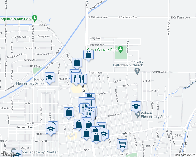 map of restaurants, bars, coffee shops, grocery stores, and more near 221 K Street in Sanger