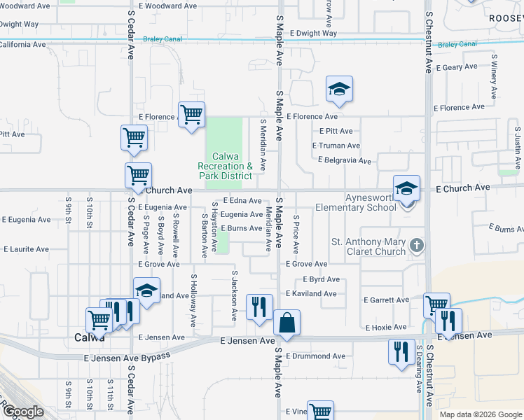map of restaurants, bars, coffee shops, grocery stores, and more near 4597 East Burns Avenue in Fresno