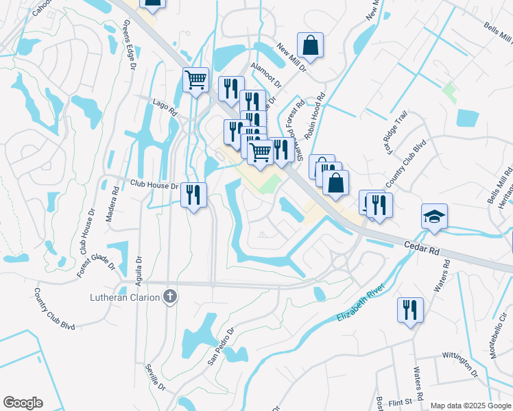map of restaurants, bars, coffee shops, grocery stores, and more near 520 Cedar Commons in Chesapeake