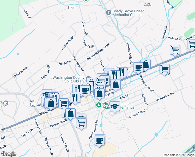 map of restaurants, bars, coffee shops, grocery stores, and more near 200 Pecan Street Northeast in Abingdon