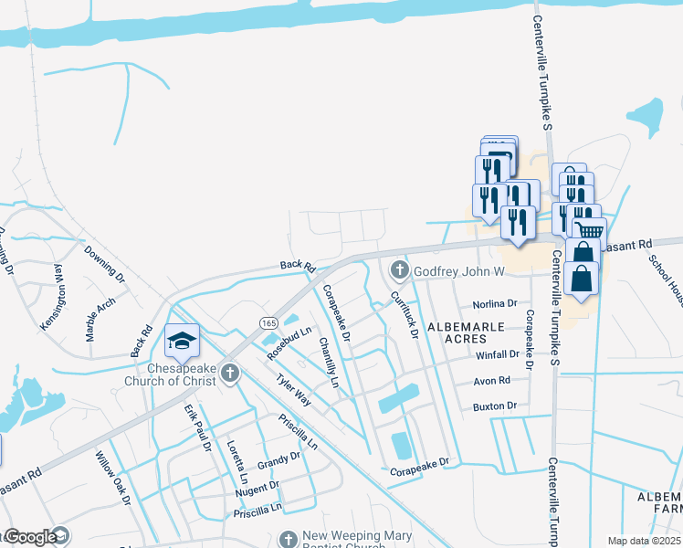 map of restaurants, bars, coffee shops, grocery stores, and more near 1308 Wanchese Court in Chesapeake
