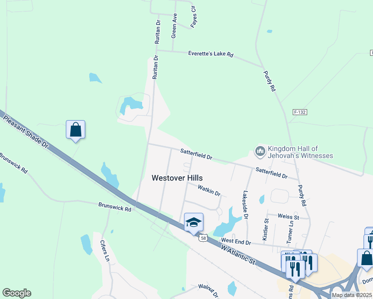 map of restaurants, bars, coffee shops, grocery stores, and more near 1602 Satterfield Drive in Emporia