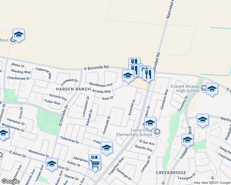 map of restaurants, bars, coffee shops, grocery stores, and more near 572 Kent Street in Salinas