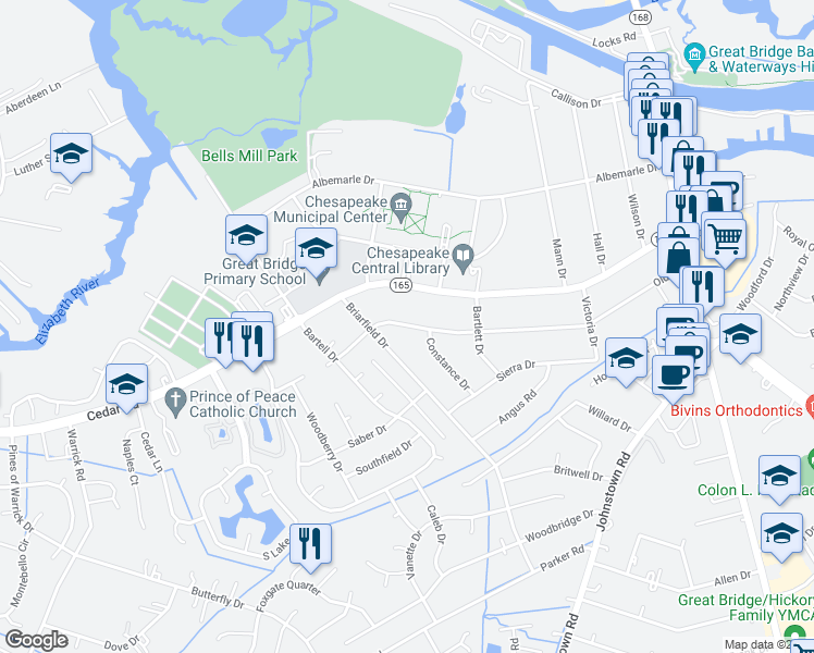 map of restaurants, bars, coffee shops, grocery stores, and more near 333 Old Drive in Chesapeake
