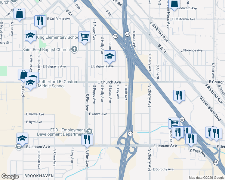 map of restaurants, bars, coffee shops, grocery stores, and more near 2405 South Lotus Avenue in Fresno