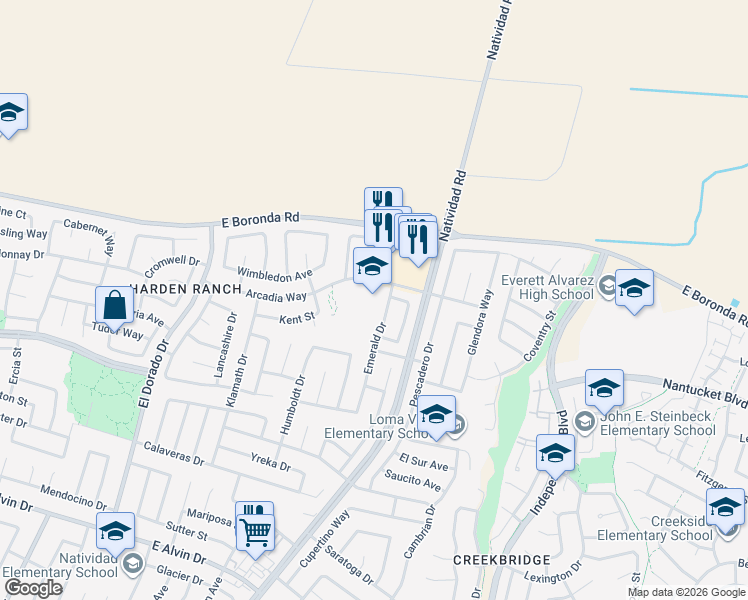 map of restaurants, bars, coffee shops, grocery stores, and more near 636 Arcadia Way in Salinas