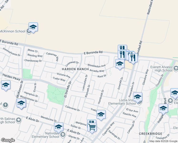 map of restaurants, bars, coffee shops, grocery stores, and more near 486 Wimbledon Avenue in Salinas