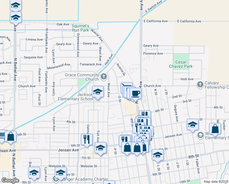 map of restaurants, bars, coffee shops, grocery stores, and more near 1506 2nd Street in Sanger