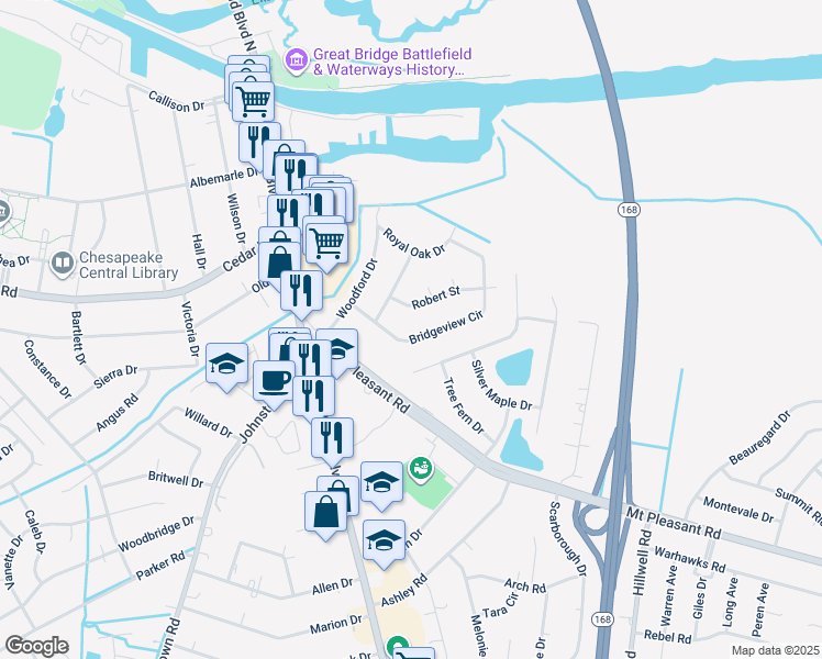 map of restaurants, bars, coffee shops, grocery stores, and more near 232 Bridgeview Circle in Chesapeake