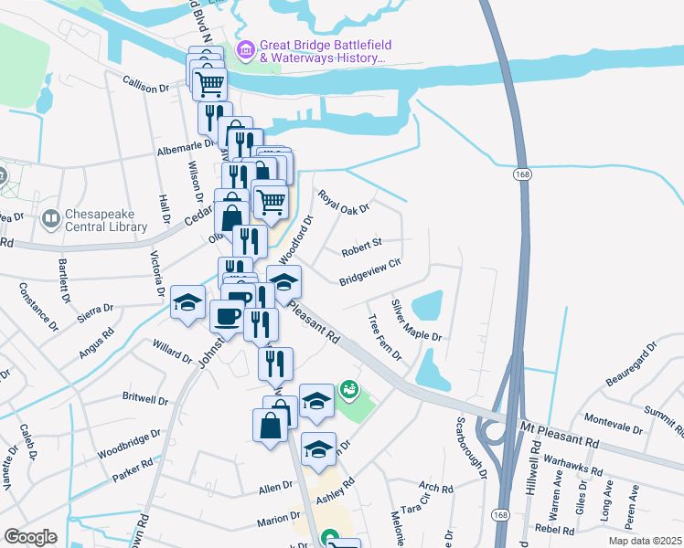 map of restaurants, bars, coffee shops, grocery stores, and more near 232 Bridgeview Circle in Chesapeake