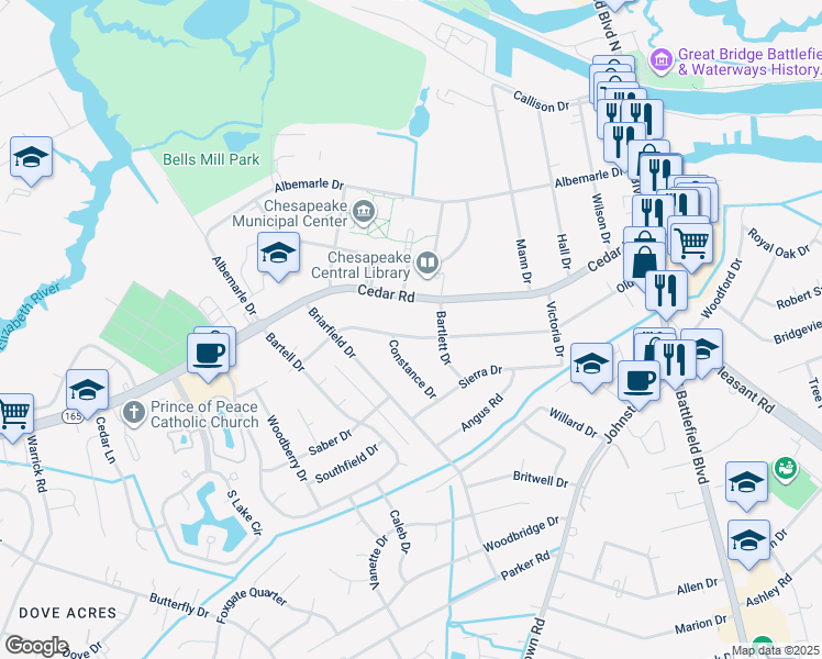 map of restaurants, bars, coffee shops, grocery stores, and more near 312 Old Drive in Chesapeake