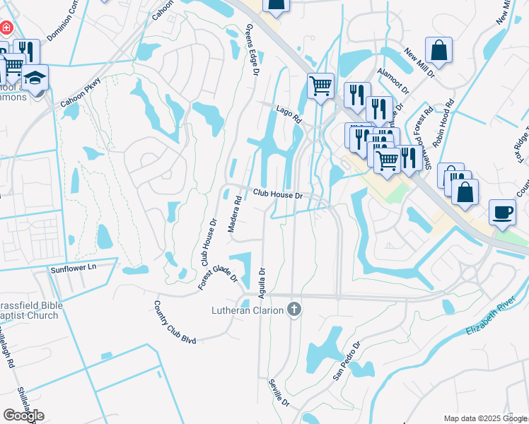map of restaurants, bars, coffee shops, grocery stores, and more near 1200 Roble Court in Chesapeake