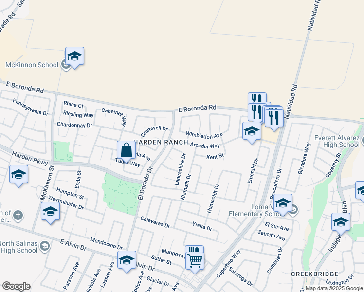 map of restaurants, bars, coffee shops, grocery stores, and more near 476 Arcadia Way in Salinas
