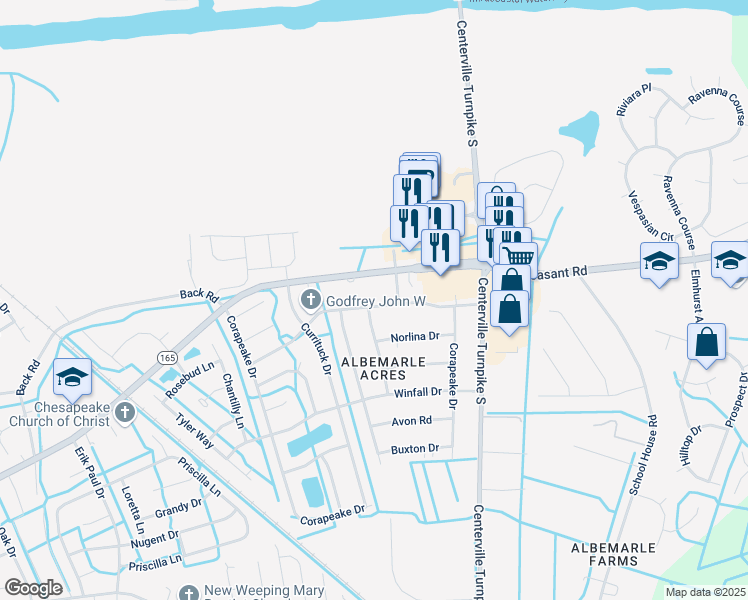 map of restaurants, bars, coffee shops, grocery stores, and more near 1412 Pamlico Boulevard in Chesapeake