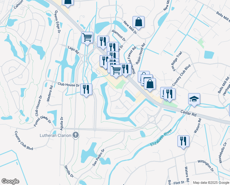 map of restaurants, bars, coffee shops, grocery stores, and more near 1214 Club Point Road in Chesapeake