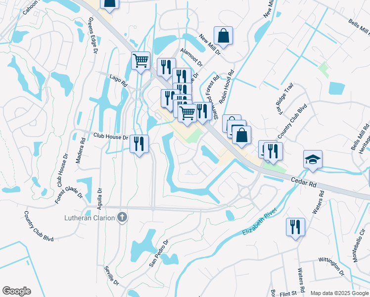 map of restaurants, bars, coffee shops, grocery stores, and more near 1214 Club Point Road in Chesapeake