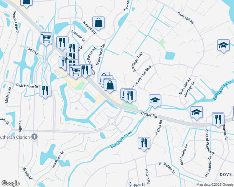 map of restaurants, bars, coffee shops, grocery stores, and more near 725 Fallcreek Run in Chesapeake