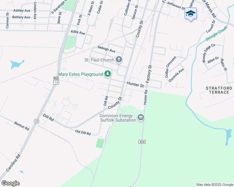 map of restaurants, bars, coffee shops, grocery stores, and more near 313 Baker Street in Suffolk