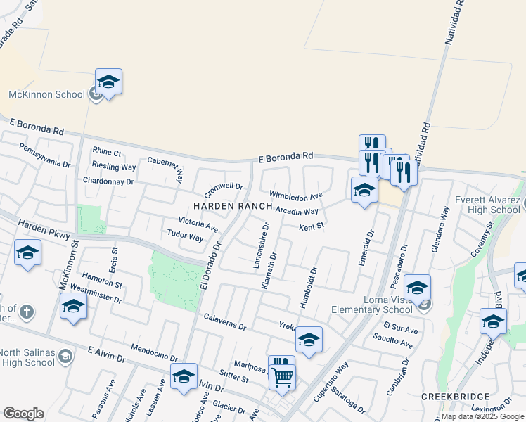 map of restaurants, bars, coffee shops, grocery stores, and more near 476 Arcadia Way in Salinas