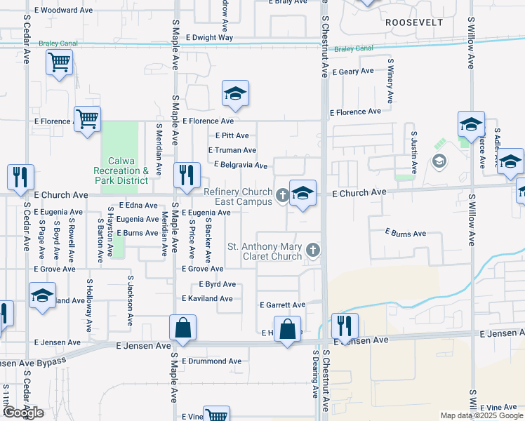 map of restaurants, bars, coffee shops, grocery stores, and more near in Fresno