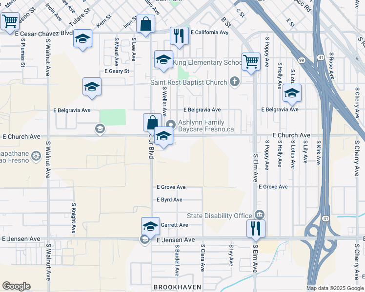 map of restaurants, bars, coffee shops, grocery stores, and more near 1120 East Church Avenue in Fresno