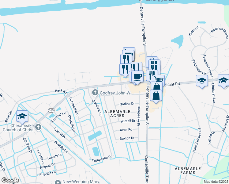 map of restaurants, bars, coffee shops, grocery stores, and more near 1412 Pamlico Boulevard in Chesapeake