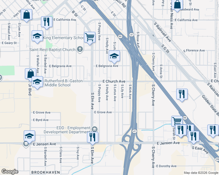 map of restaurants, bars, coffee shops, grocery stores, and more near 2400 South Holly Avenue in Fresno