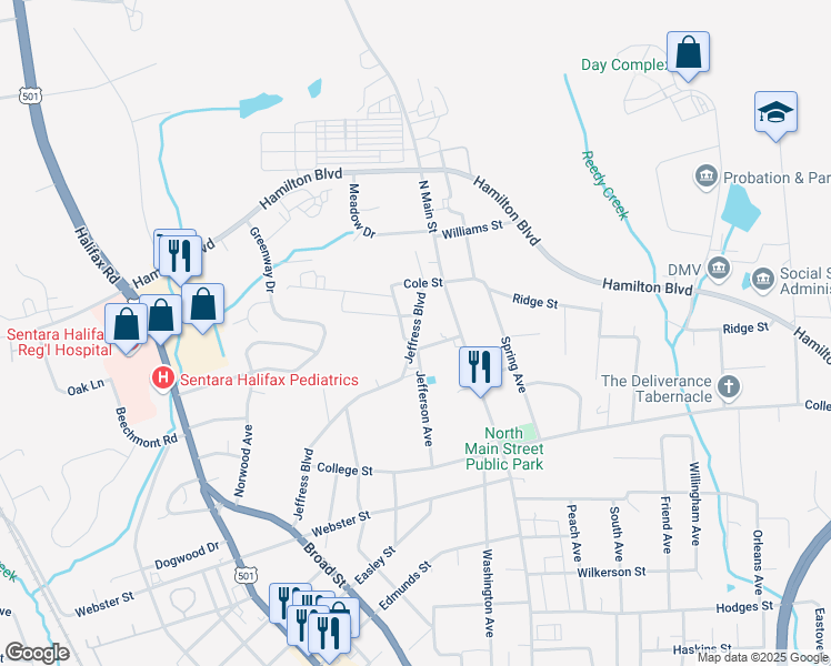 map of restaurants, bars, coffee shops, grocery stores, and more near 2201 Jeffress Boulevard in South Boston
