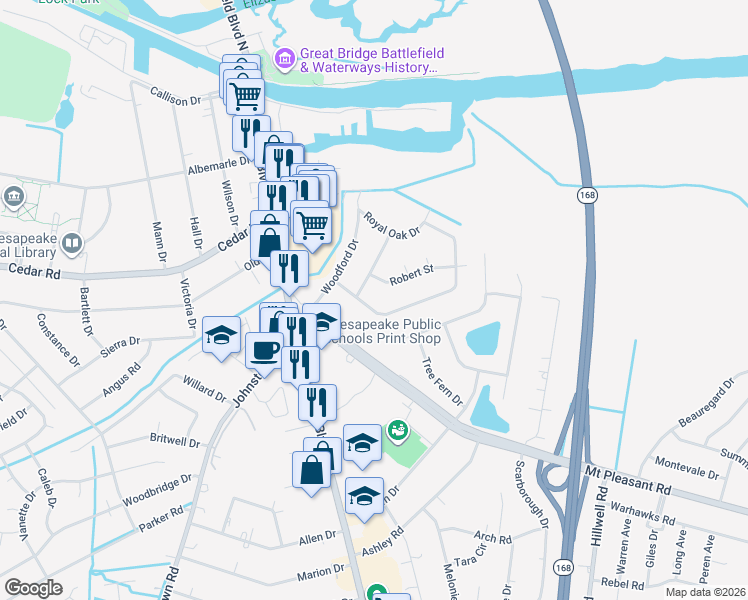 map of restaurants, bars, coffee shops, grocery stores, and more near 220 Bridgeview Circle in Chesapeake